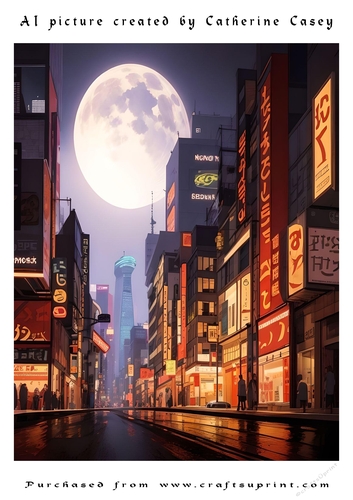 AI (artificial Intelligence) A4 Beautiful Picture of A Giant Moon shining  on a street