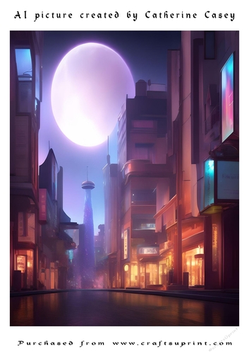 AI (artificial Intelligence) A4 Beautiful Picture of A Giant Moon shining  on a street