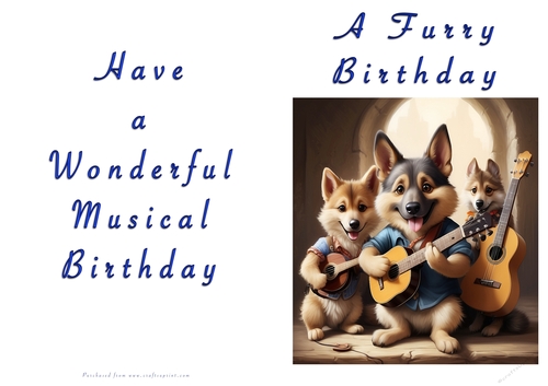 NCJP Doggy playing music Birthday Card - Alsatian Pup