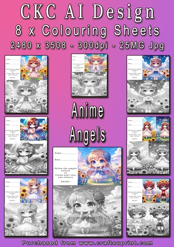Anime Angels 8 x coloring pages (with colored samples)