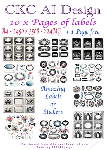Labels 10 A4 Sheets + 1 extra Free - downloadable AI Created Labels or Stickers - Set1