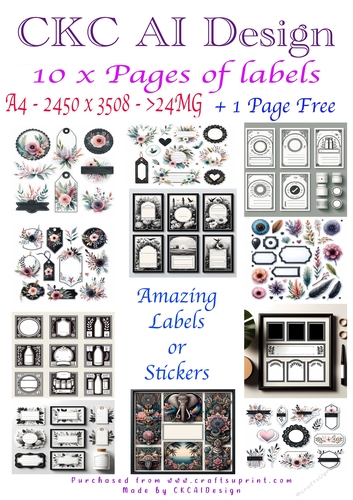 Labels 10 A4 Sheets + 1 extra Free - downloadable AI Created Labels or Stickers - Set2
