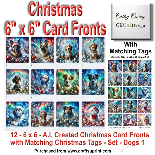 Christmas Card Fronts - Set 1 - 12 Dogs with Tags - 6x6