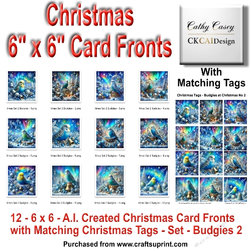 Christmas 6x6 card fronts - Set 2 - 12 Budgies with Matching Tags