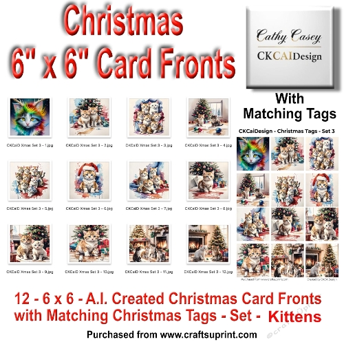 Christmas 6x6 card fronts - Set 3 Kittens with Matching Tags