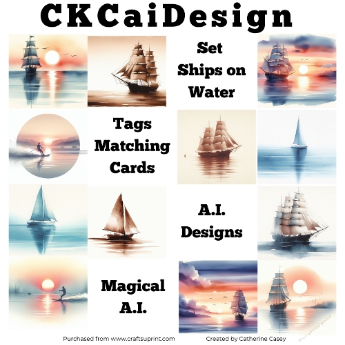12 Watercolour 8x8 Card Fronts depicting Boats on Water and Water Skiers