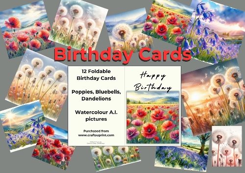 No Cut Just Print 12 Birthday Cards Watercolour Flowers