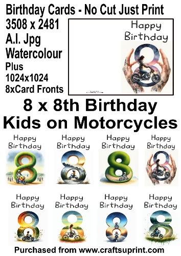 No Cut Just Print 8 x 8th Birthday Cards Watercolour Kids on Motorcycles