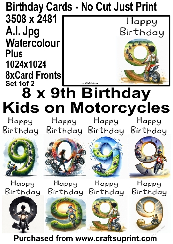 No Cut Just Print 8 x 9th Birthday Cards Watercolour Kids on Motorcycles Set 1