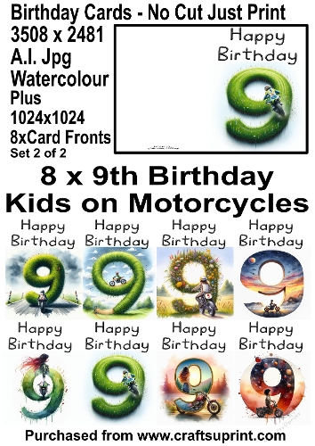 No Cut Just Print 8 x 9th Birthday Cards Watercolour Kids on Motorcycles Set 2