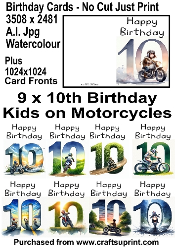 No Cut Just Print 9 x 10th Birthday Cards Watercolour Kids on Motorcycles 