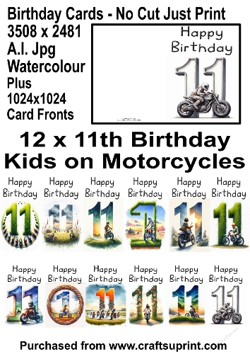 No Cut Just Print 12 x 11th Birthday Cards Watercolour Kids on Motorcycles