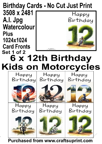 No Cut Just Print 6 x 12th Birthday Cards Watercolour Kids on Motorcycles Set 1