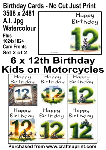 No Cut Just Print 6 x 12th Birthday Cards Watercolour Kids on Motorcycles Set 2