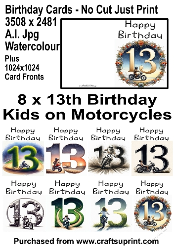 No Cut Just Print 8 x 13th Birthday Cards Watercolour Kids on Motorcycles 