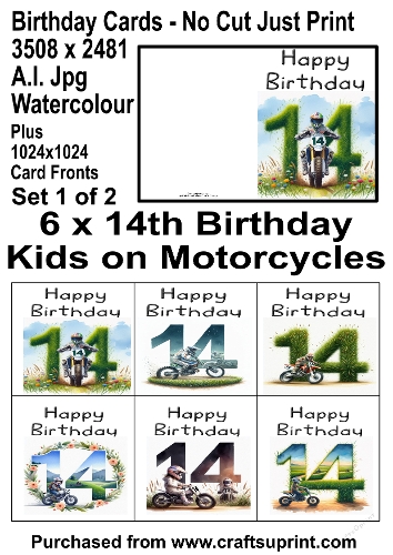 No Cut Just Print 6 x 14th Birthday Cards Watercolour Kids on Motorcycles Set 1
