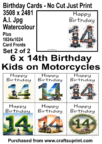 No Cut Just Print 6 x 14th Birthday Cards Watercolour Kids on Motorcycles Set 2