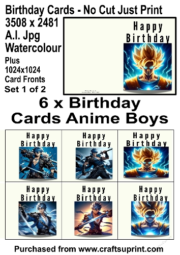 No Cut Just Print 6 Anime Boys Birthday Cards Watercolour Set 1