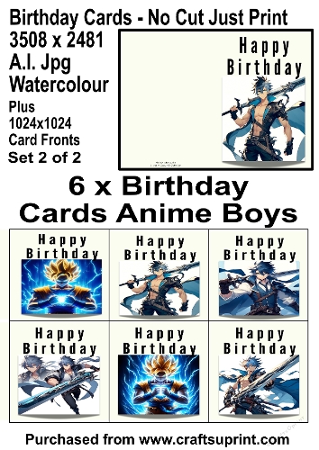 No Cut Just Print 6 Anime Boys Birthday Cards Watercolour Set 2