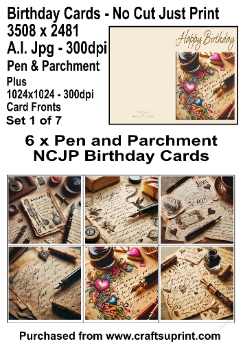 No Cut Just Print 6 Birthday Cards Pen and Parchment plus 6x6 fronts Set 1 of 7