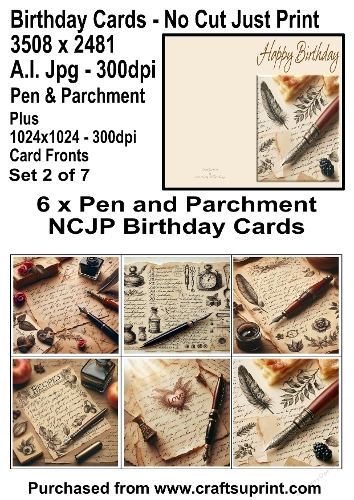 No Cut Just Print 6 Birthday Cards Pen and Parchment plus 6x6 fronts Set 2 of 7