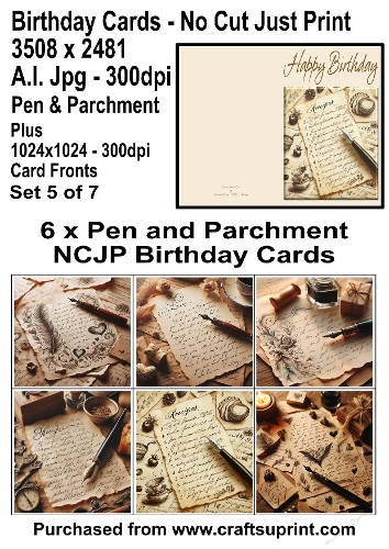 No Cut Just Print 6 Birthday Cards Pen and Parchment plus 6x6 fronts Set 5 of 7