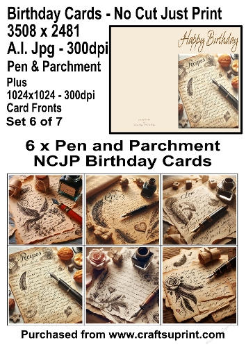 No Cut Just Print 6 Birthday Cards Pen and Parchment plus 6x6 fronts Set 6 of 7