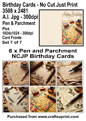 No Cut Just Print 6 Birthday Cards Pen and Parchment plus 6x6 fronts Set 7 of 7