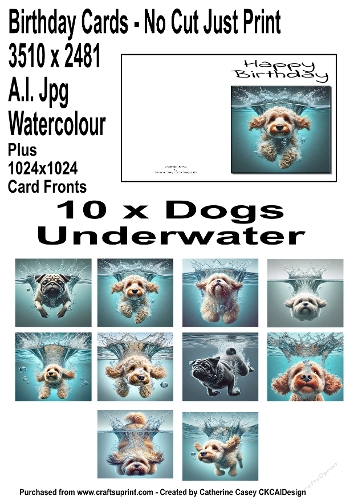 No Cut Just Print Birthday Cards Dogs Underwater