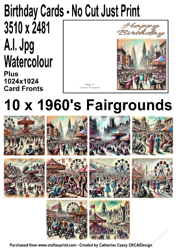 No Cut Just Print Birthday Cards 1960s Fairground