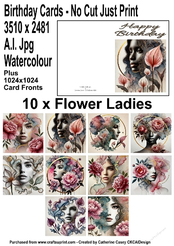 No Cut Just Print Birthday Cards Flower Ladies
