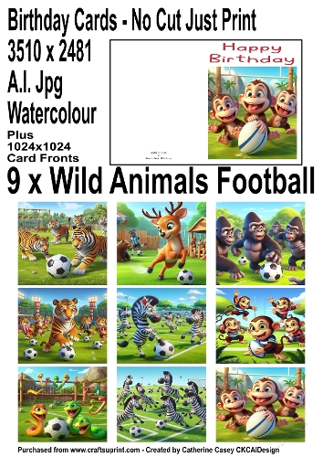 No Cut Just Print Birthday Cards Wild Animals playing football