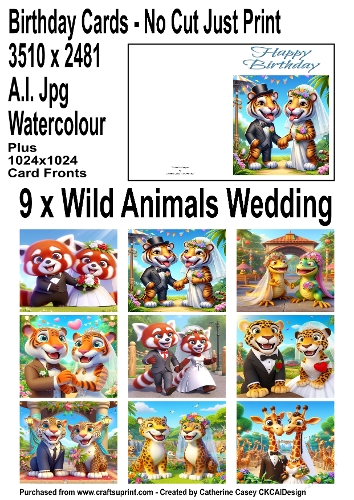 No Cut Just Print Birthday Cards Wild Animals getting Married