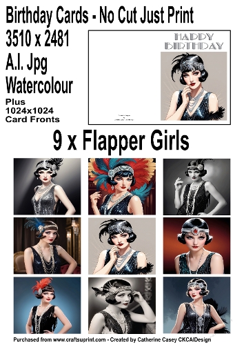 No Cut Just Print Birthday Cards 1920s Flapper Girls