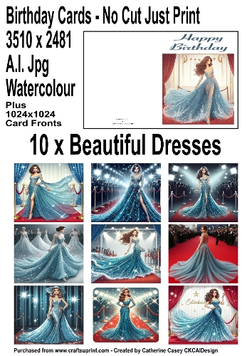 No Cut Just Print Birthday Cards with Women in Beautiful Evening Dresses