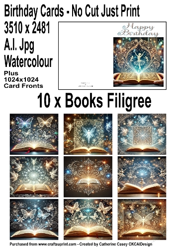 No Cut Just Print Birthday Cards with Books and Filigree with figures