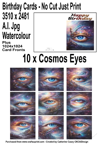 No Cut Just Print Birthday Cards with depictions of Cosmos Eyes