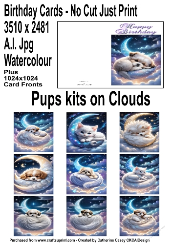 No Cut Just Print Birthday Cards with Puppies and Kittens curled up on Fluffy Clouds