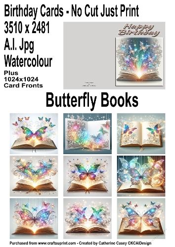 No Cut Just Print Birthday Cards with Butterflies escaping from books