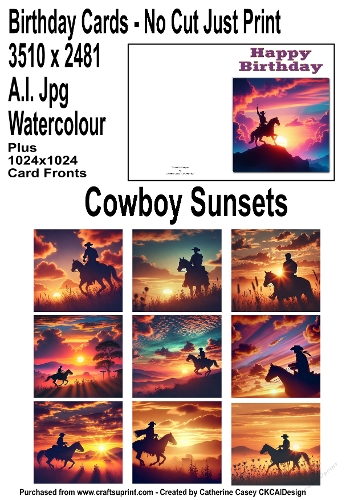 No Cut Just Print Birthday Cards with Cowboys on Horses at Sunset