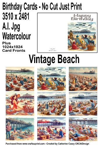 No Cut Just Print Birthday Cards with Vintage Beach Scenes