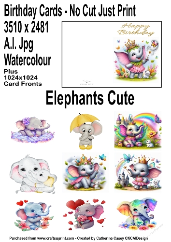 No Cut Just Print Birthday Cards with the Cutest Elephants in watercolour