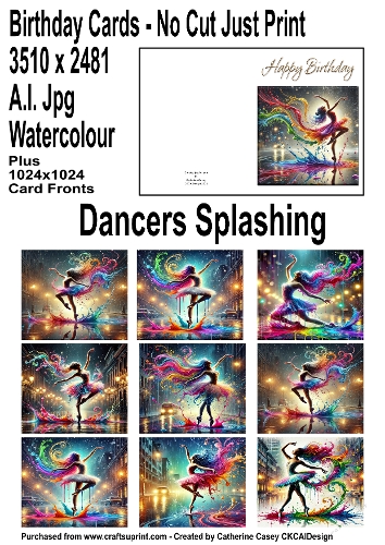 No Cut Just Print Birthday Cards with Dancers splashing in Paint