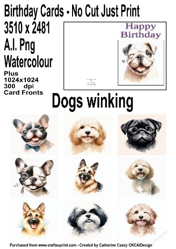 No Cut Just Print Birthday Cards with the cutest dogs winking at you