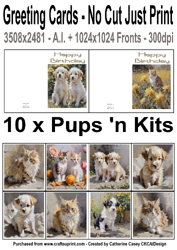 10 No Cut Just Print Cards with watercolour Pictures of Pups and Kittens