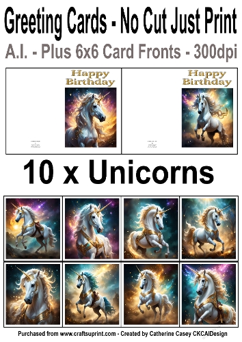 10 No Cut Just Print Cards with Pictures of White Unicorns