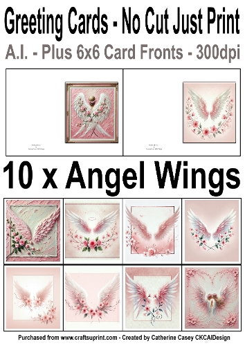 10 No Cut Just Print Cards with Watercolour Art of Angels Wings
