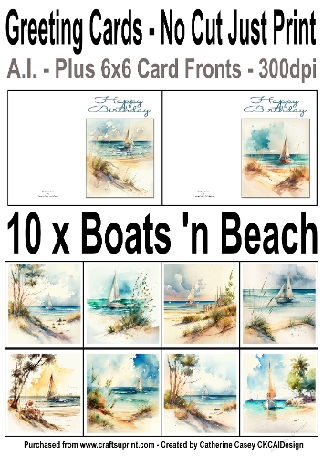 10 No Cut Just Print Cards with Watercolour Art of Boats and Beaches