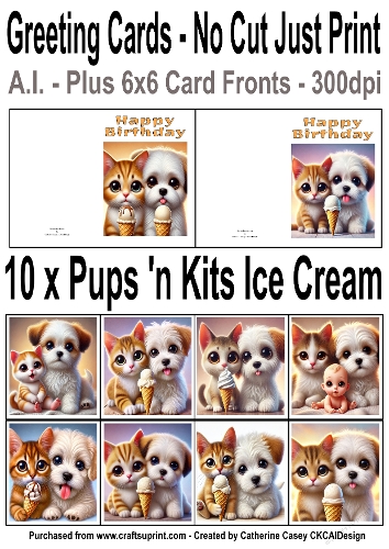 10 No Cut Just Print Cards with Watercolour Art of Pups and Kittens eating Ice Cream