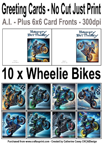 10 No Cut Just Print Birthday Cards with Motorcycles doing wheelies